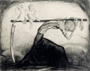 La muerte con dos niños llevados en su guadaña, 1915 (grabado en papel) de Michel Fingesten